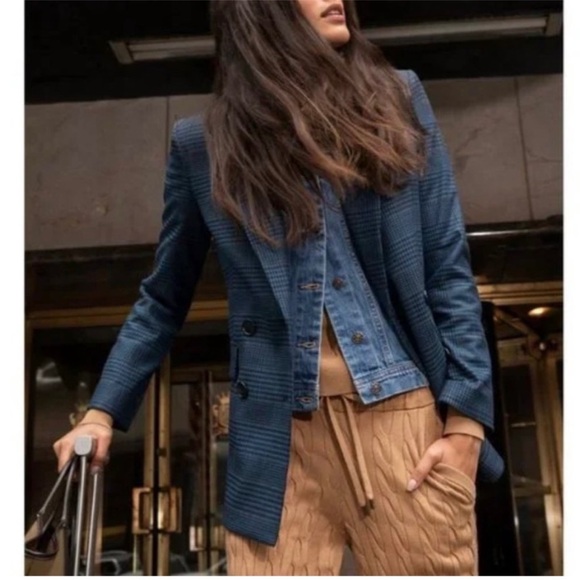 $790 VERONICA BEARD Ellette Navy Plaid Dickey Jacket black corduroy collar sz 0 - Picture 3 of 16